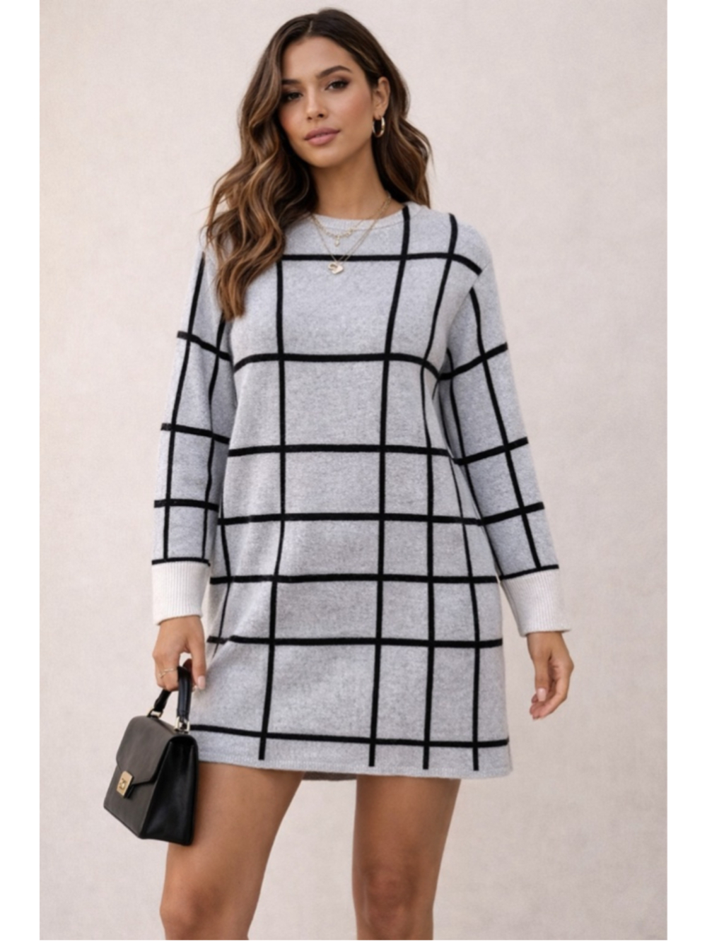 Rag & Bone Mallori Tunic Sweater XS Oversized Merino Wool Windowpane Gray Black